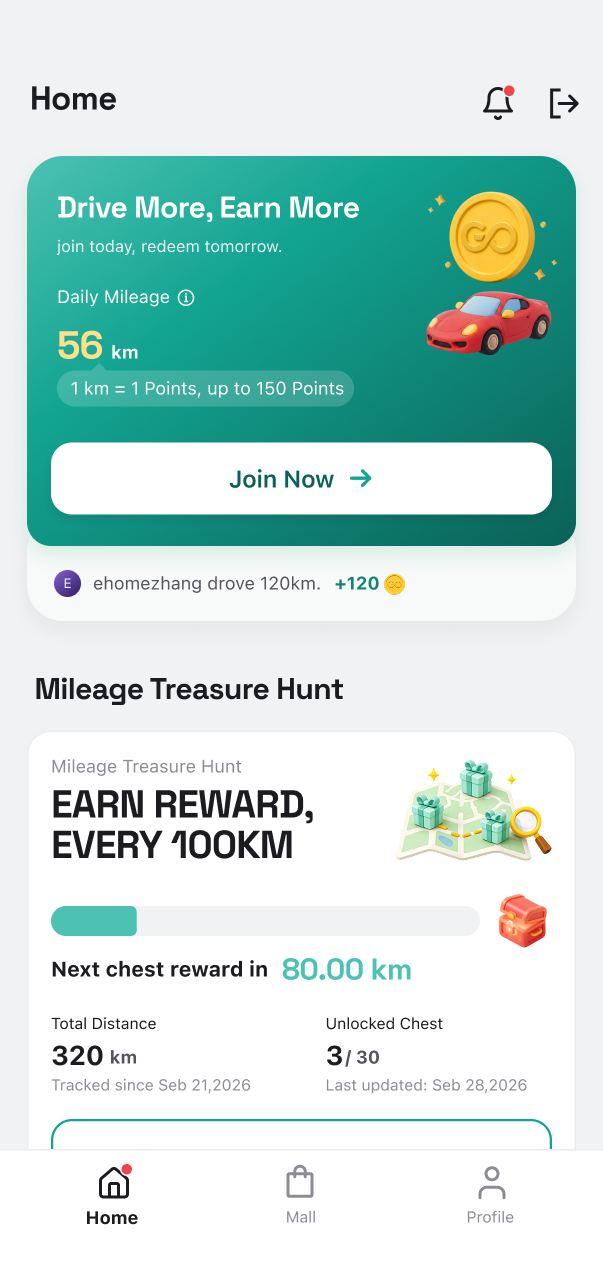 PassGo app home screen showing today's drive, points balance and rewards